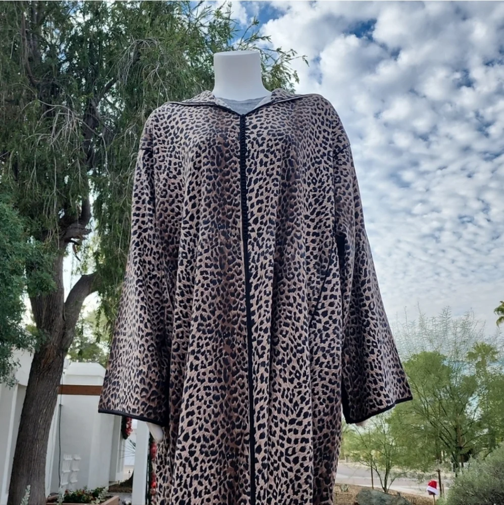 VINTAGE HANDMADE Moroccan Kaftan XL 1X 2X Leopard Hooded Abaya Boho Luxe Robe - Picture 5 of 17